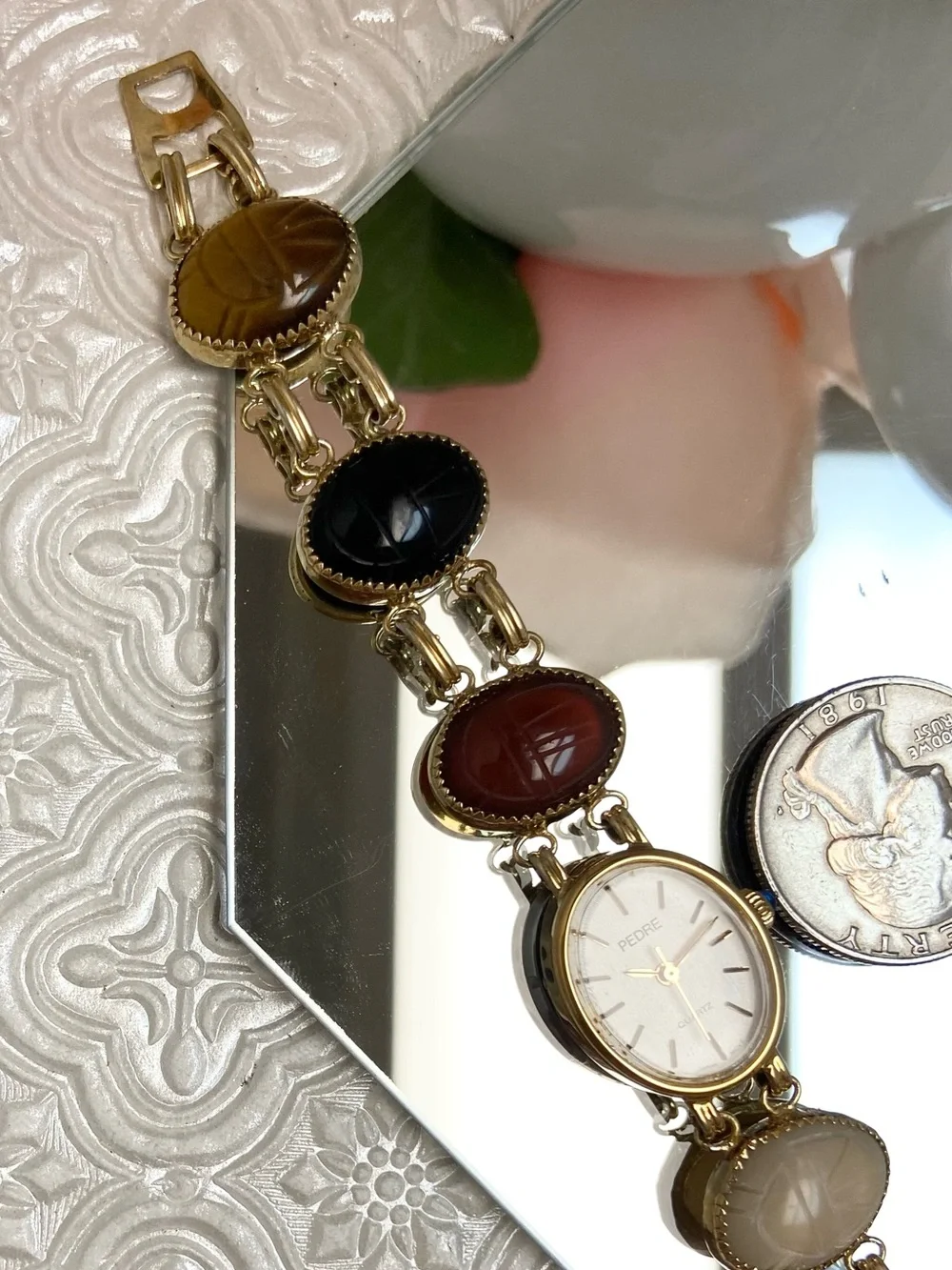Vintage Pedre Scarab Bracelet Egyptian Revival Gold-tone Ladies Watch